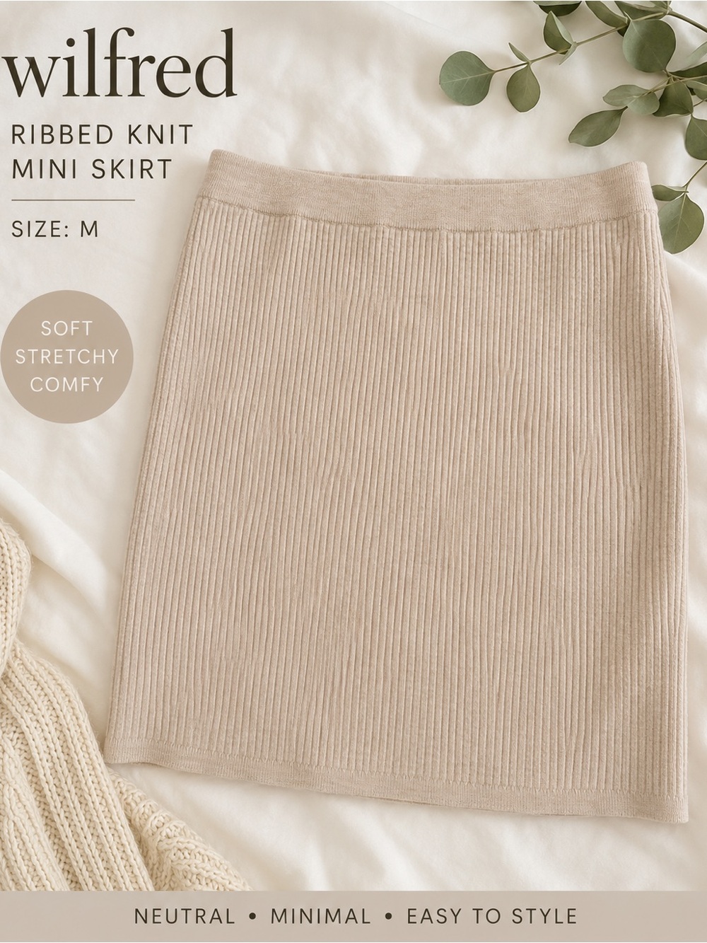 Wilfred Neutral Beige Ribbed Knit Mini Skirt